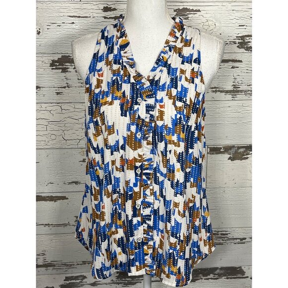 CABI Jigsaw Blouse Button Front Ruffle V-Neck Blue Brown White Sz S #6106 NWOT - Picture 2 of 5